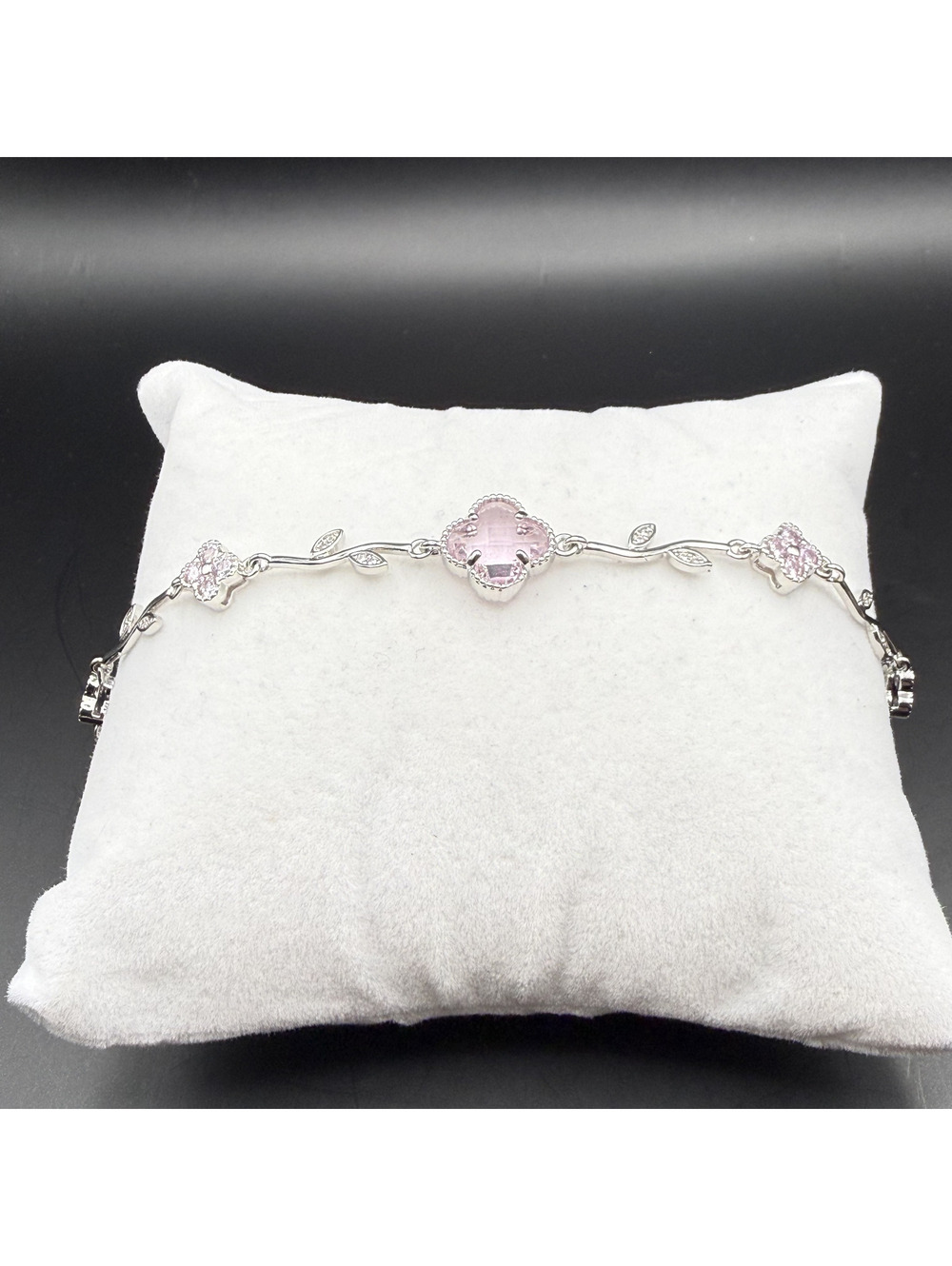 candy+clover pink large clover crystal floral vine silver tone bracelet